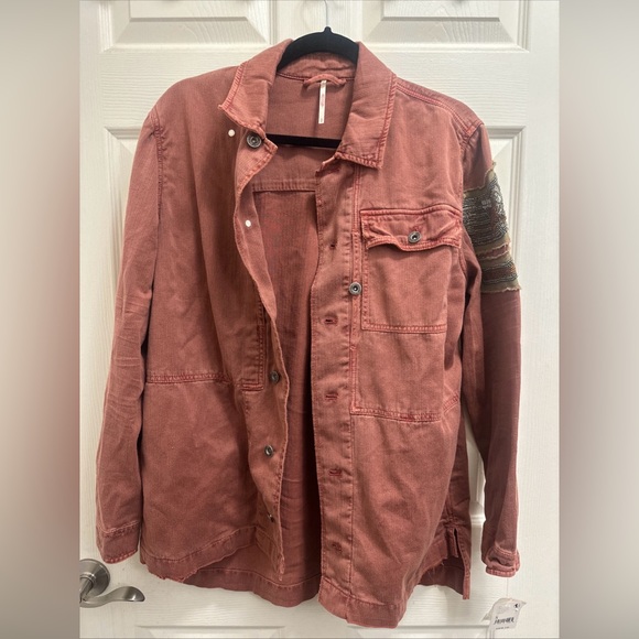 Free People Terracotta Shirt Jacket with Embroidered Sleeve - Picture 2 of 6